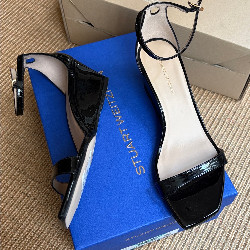 NWT Stuart Weitzman Nudistcurve 50 Black Patent Leather Wedges Sandals 7 - Picture 11 of 11